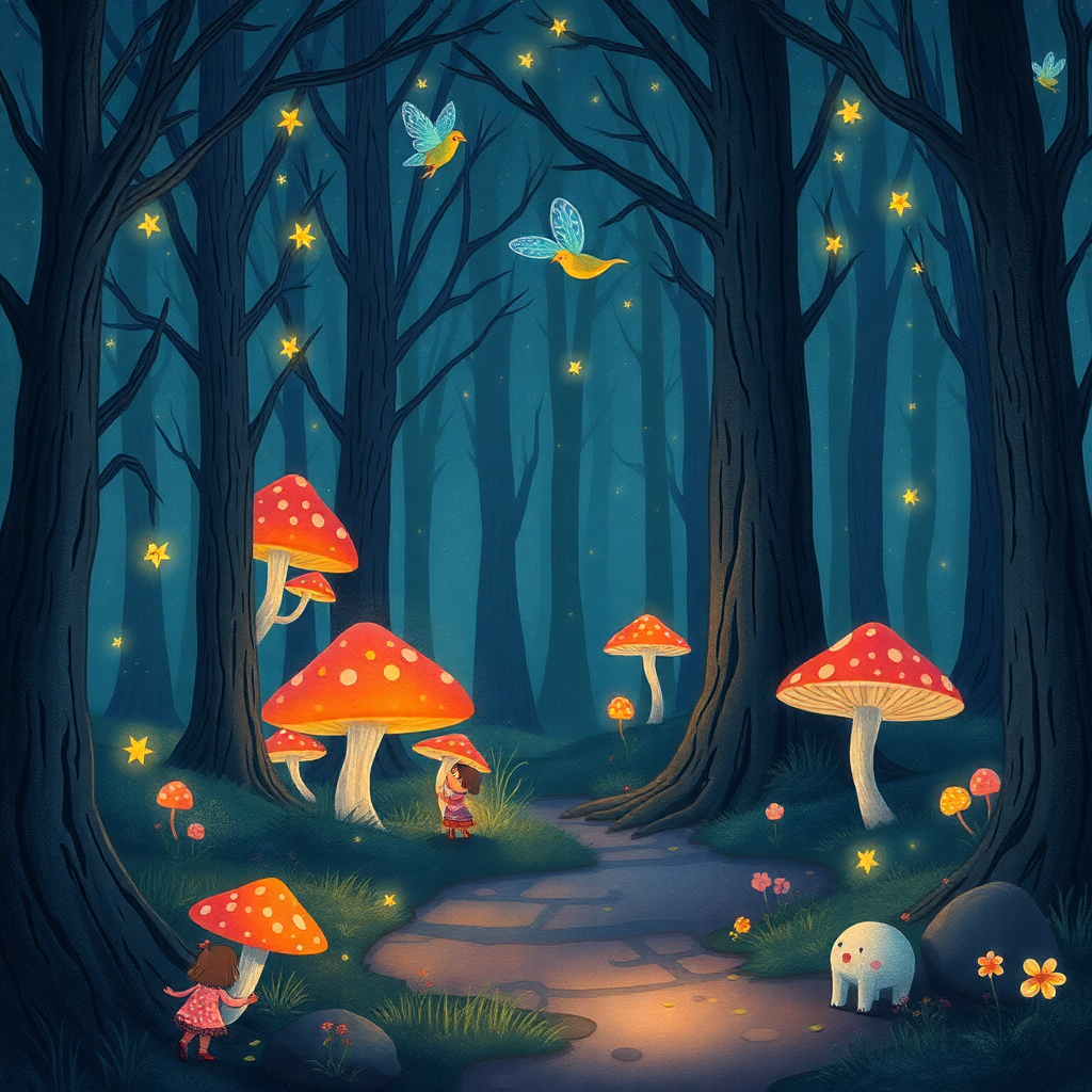 whimsical illustration of a magical forest with glowing mushrooms and fairy lights, children