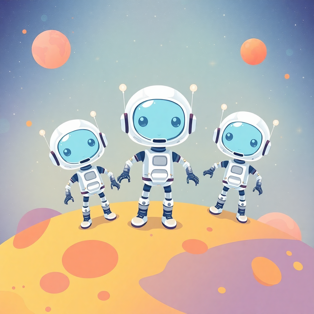 cute illustration of space robots with single heads having an adventure on a colorful alien planet, children style, whimsical